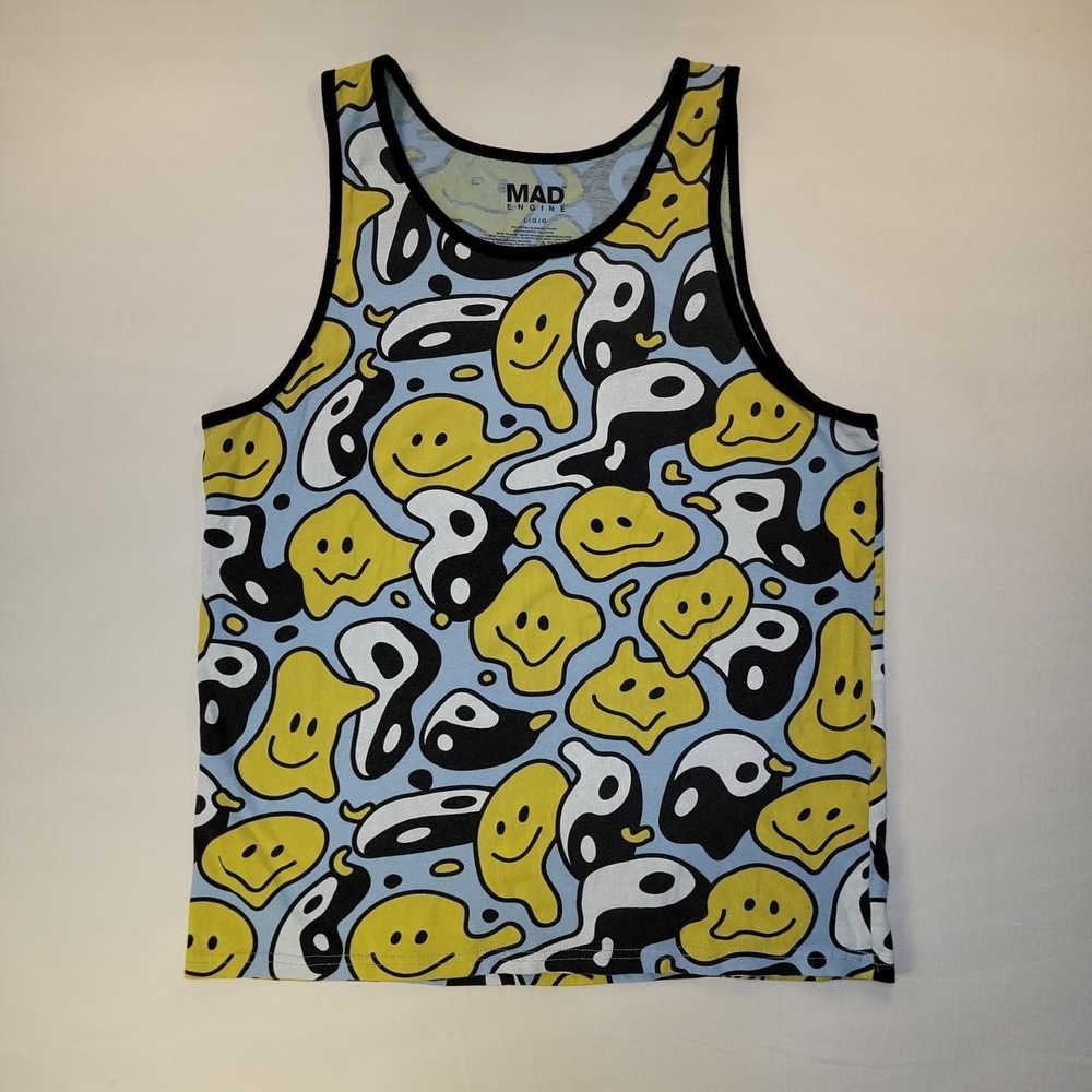 Mad Engine Mens Melting Smiley Face Yin Yang Tank Top Blue Large Graphic Tee